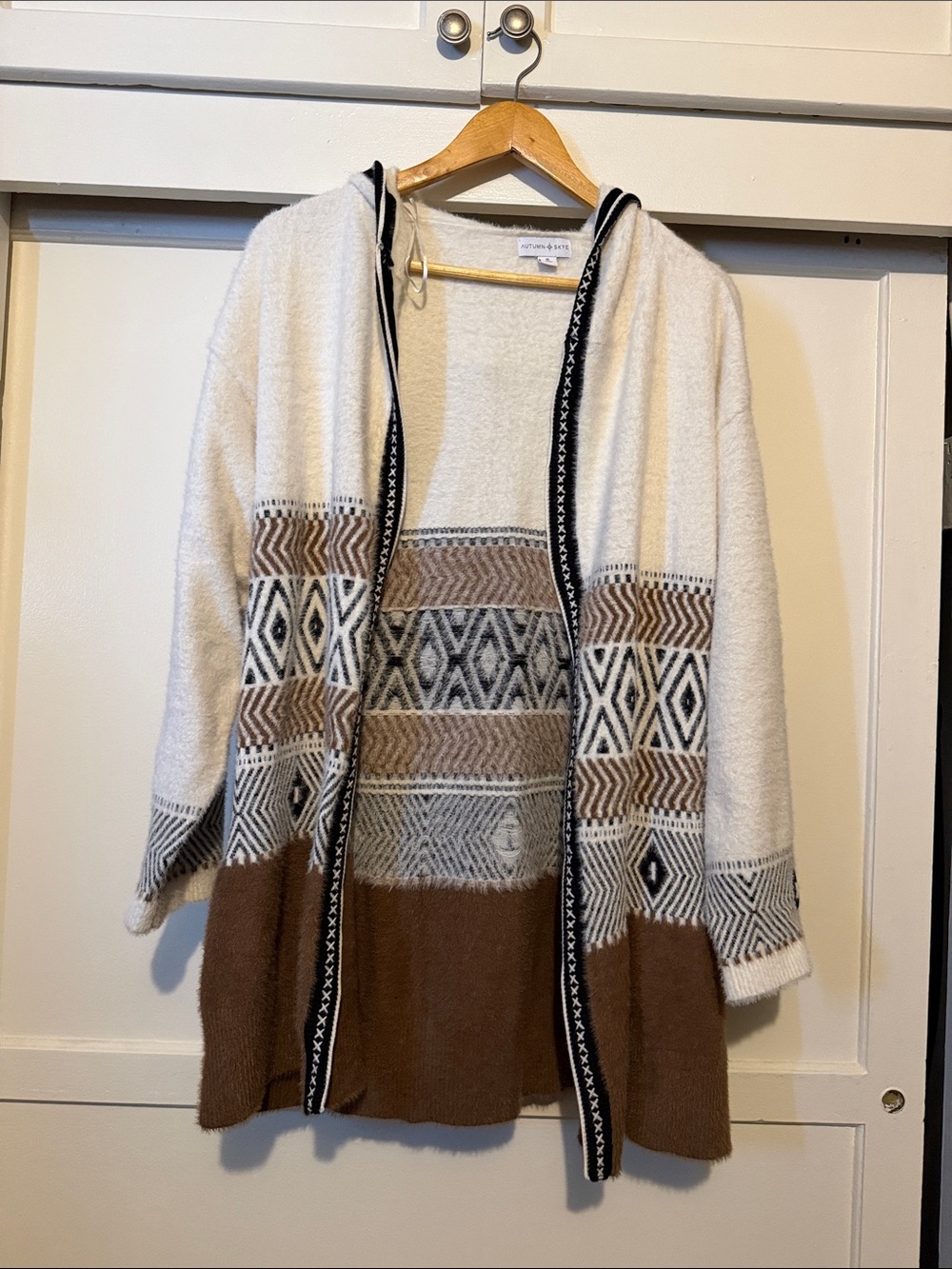 Hooded Open Aztec Knit Cardigan - Cream & Brown